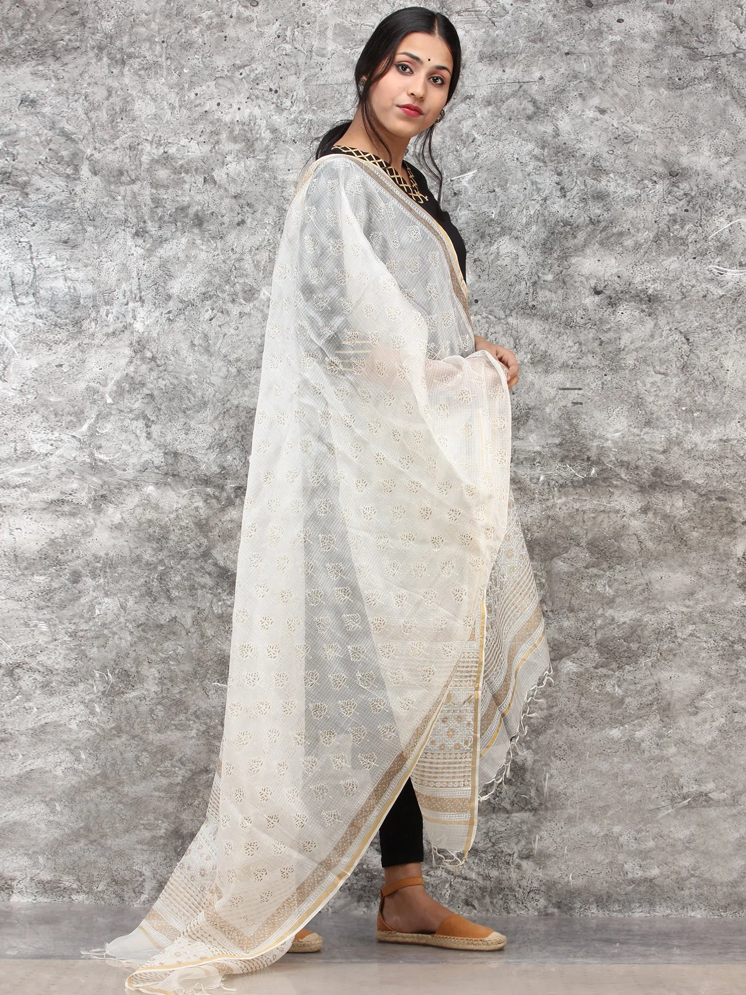 White Gold Kota Silk Hand Block Painted Dupatta - D04170778