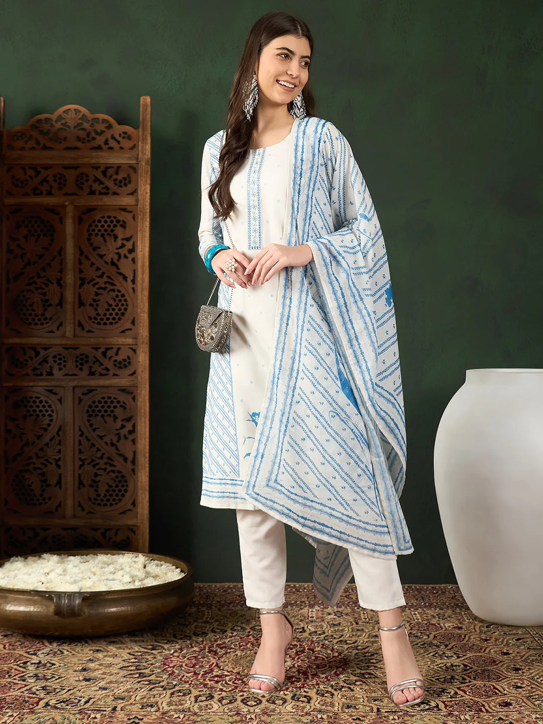Women Off White Silk Blend Geometric Printed Straight Kurta Trouser With Dupatta