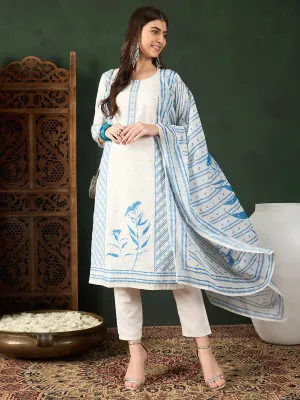 Women Off White Silk Blend Geometric Printed Straight Kurta Trouser With Dupatta