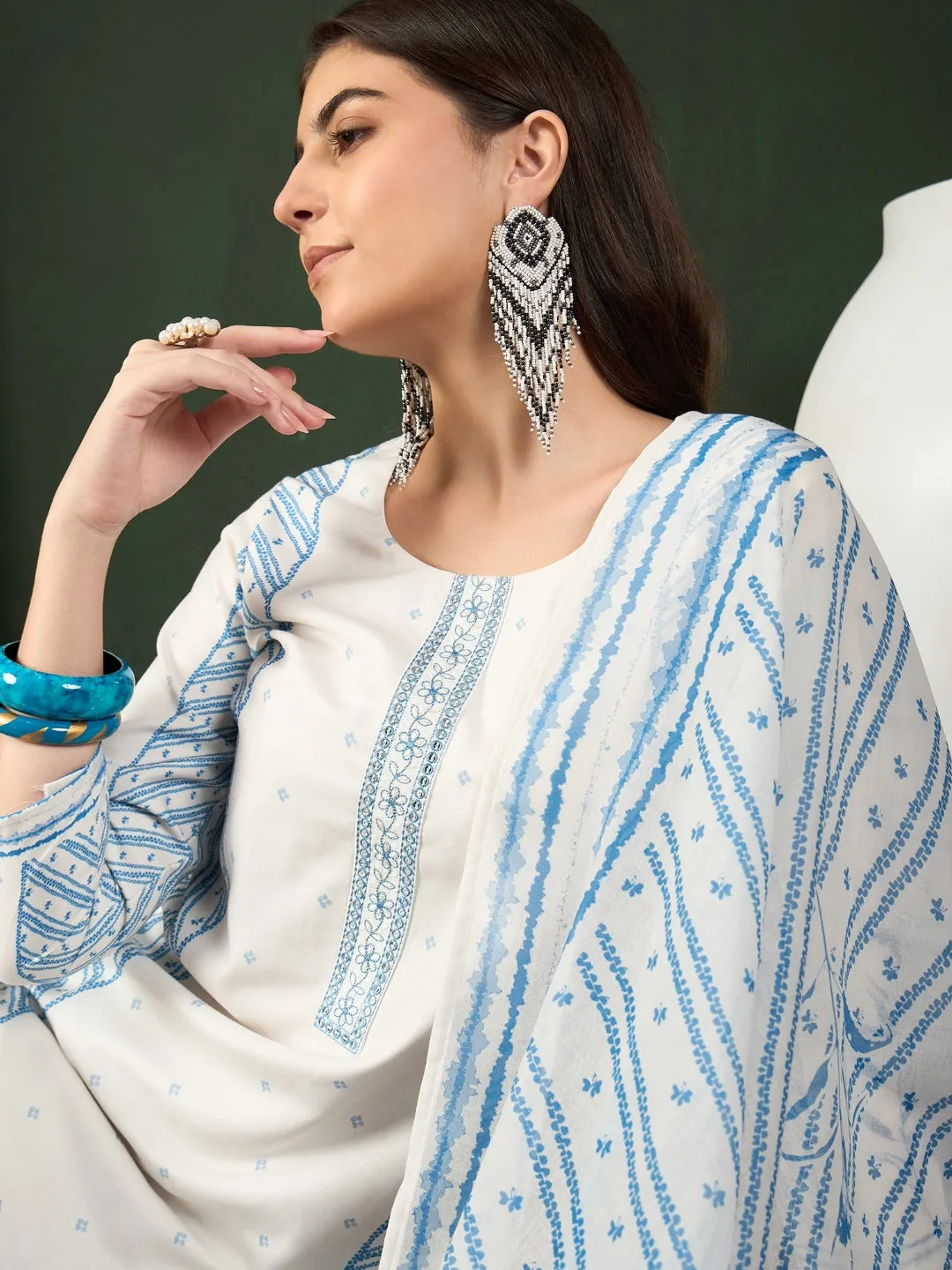 Women Off White Silk Blend Geometric Printed Straight Kurta Trouser With Dupatta