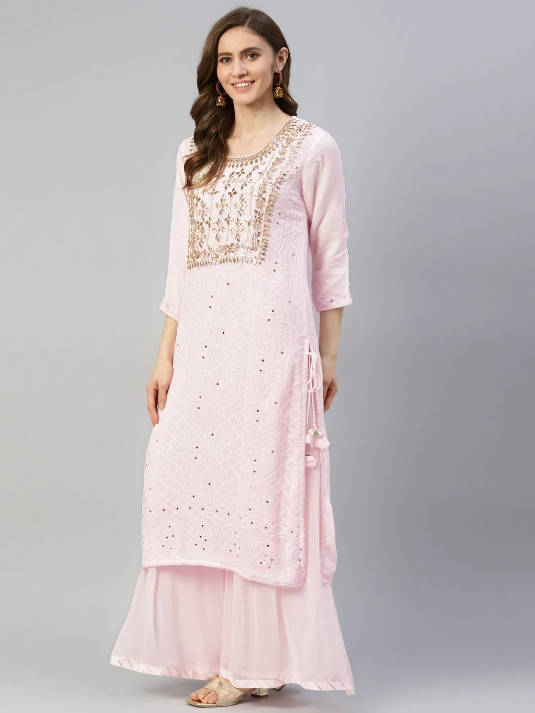 Women Pure Chicken Krai Georgette Powder Pink Kurta Palazoo Set With Dupatta