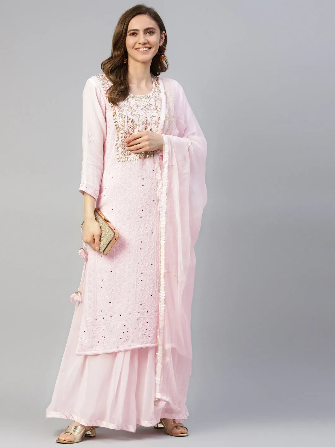 Women Pure Chicken Krai Georgette Powder Pink Kurta Palazoo Set With Dupatta