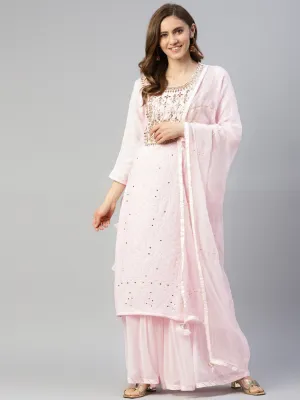 Women Pure Chicken Krai Georgette Powder Pink Kurta Palazoo Set With Dupatta