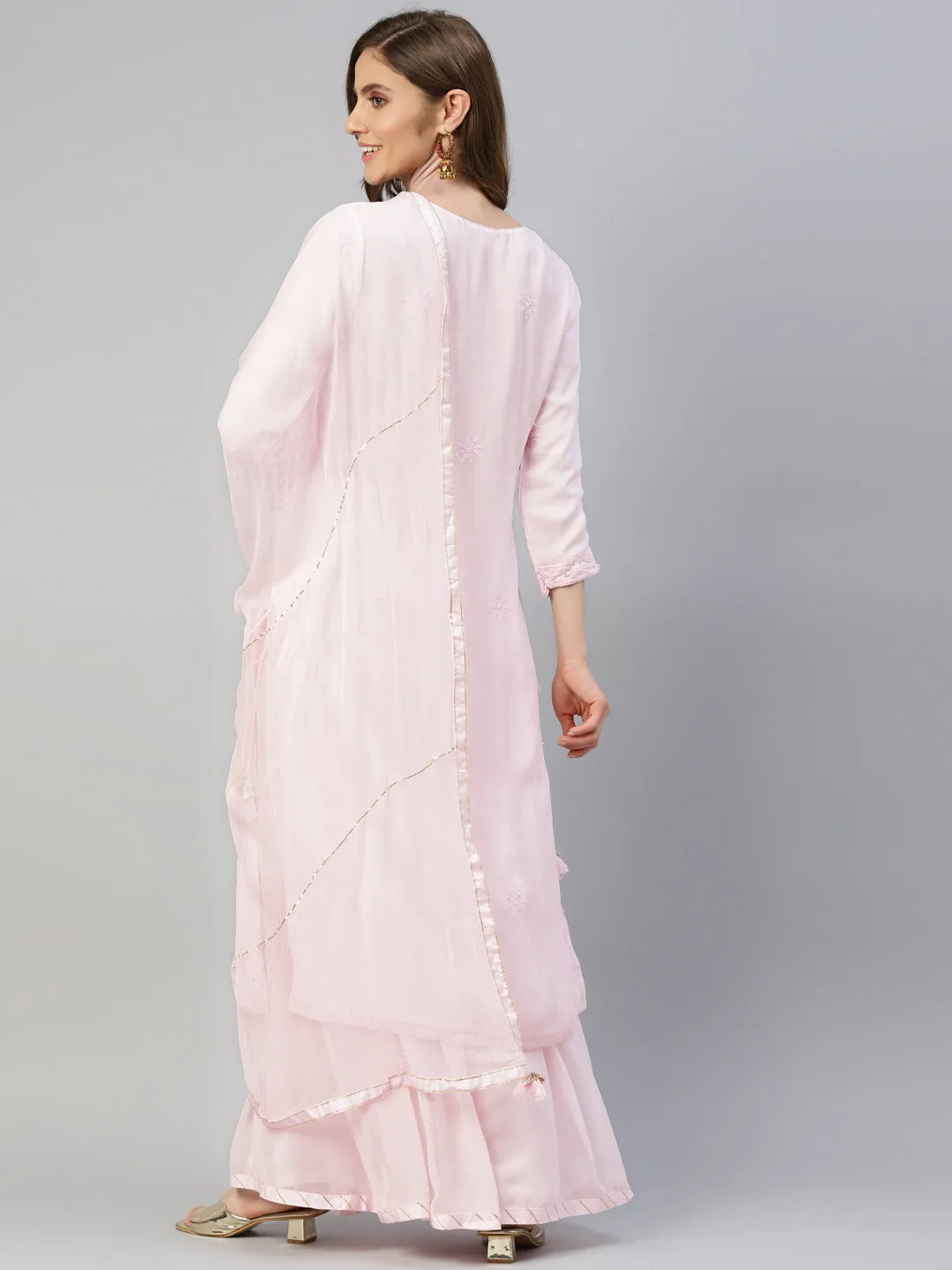 Women Pure Chicken Krai Georgette Powder Pink Kurta Palazoo Set With Dupatta