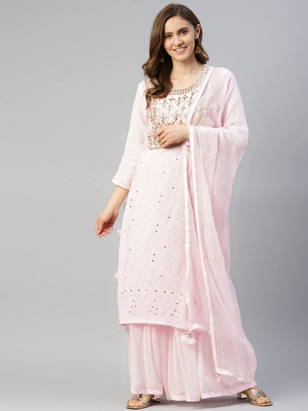 Women Pure Chicken Krai Georgette Powder Pink Kurta Palazoo Set With Dupatta