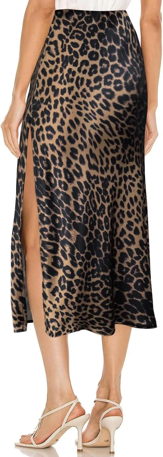 Womens Satin Silk High Waist Slit Midi Skirt Elastic Waistband Midi Skirts for Women
