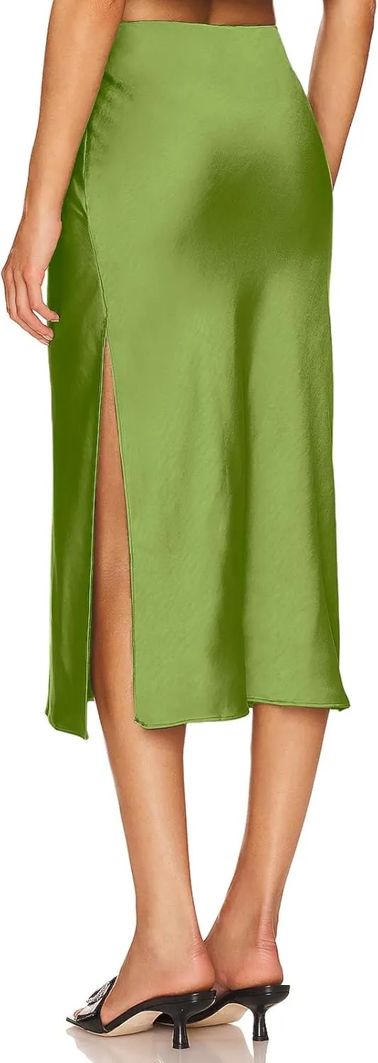 Womens Satin Silk High Waist Slit Midi Skirt Elastic Waistband Midi Skirts for Women