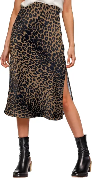 Womens Satin Silk High Waist Slit Midi Skirt Elastic Waistband Midi Skirts for Women