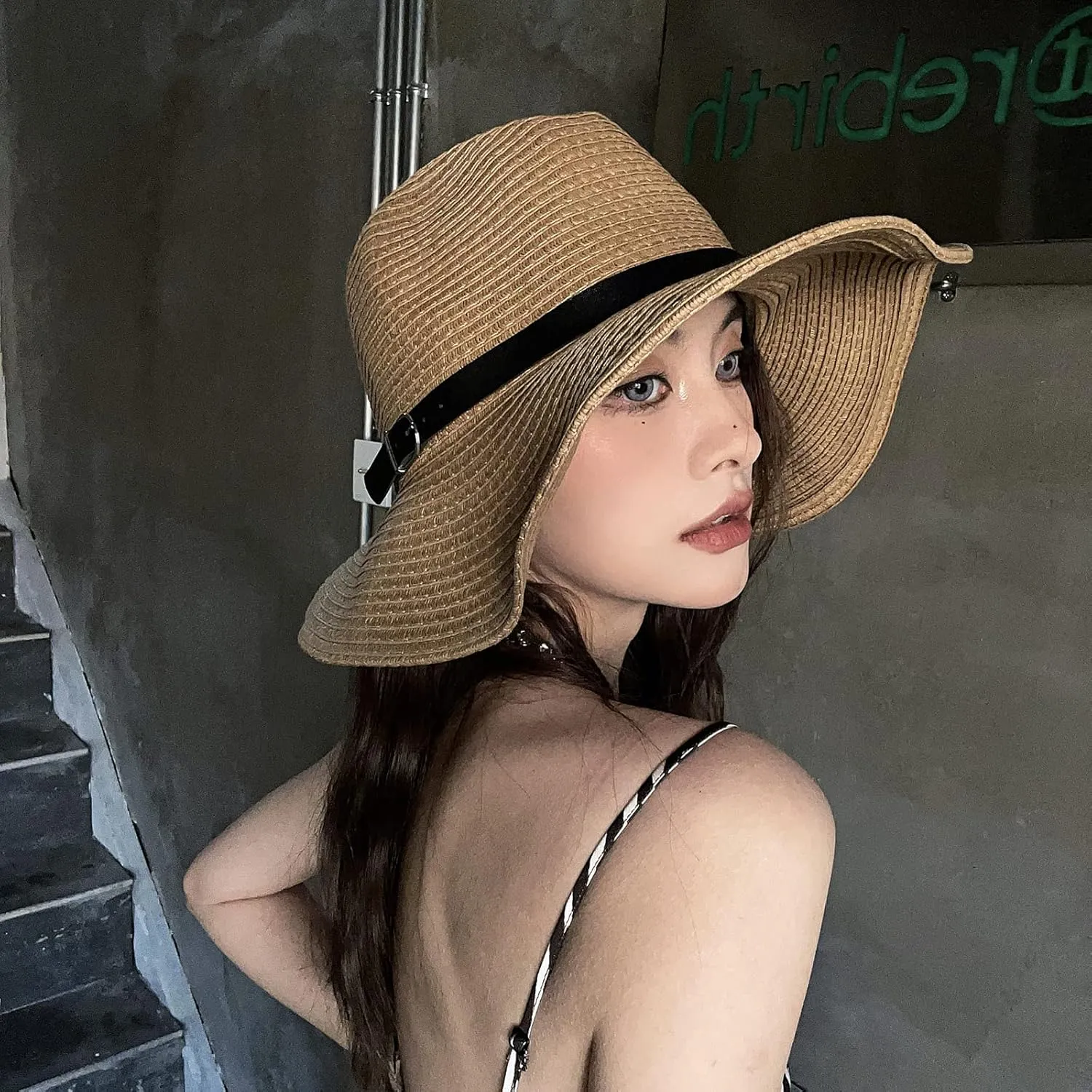Womens Straw Cowboy Hat, Summer-Beach-Panama Shapeable Floppy Sun-Hat Men & Women Wide Brim Fedora