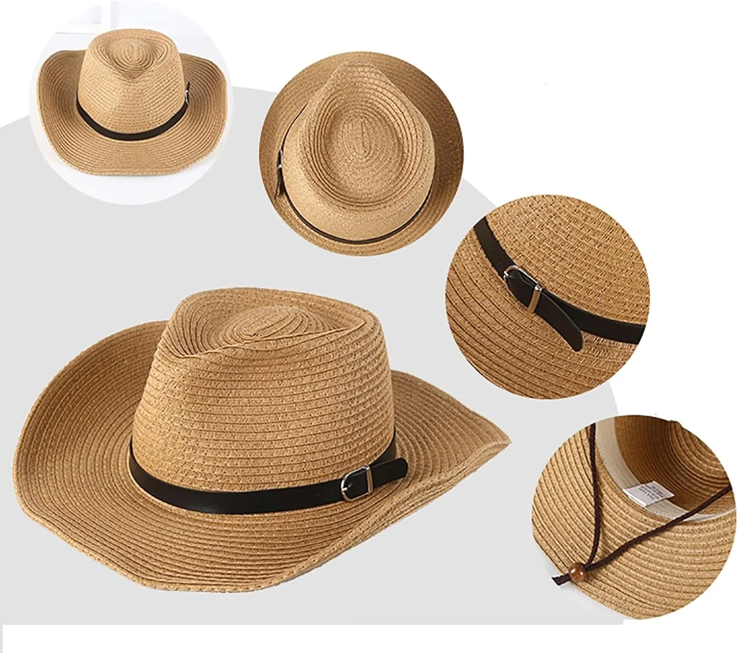 Womens Straw Cowboy Hat, Summer-Beach-Panama Shapeable Floppy Sun-Hat Men & Women Wide Brim Fedora
