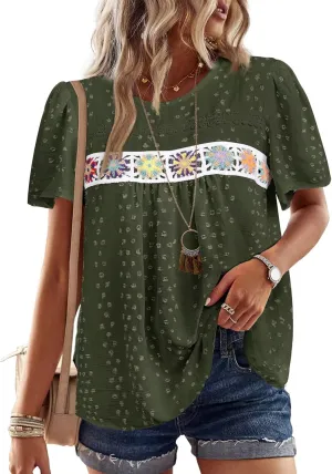 Womens Summer Tops Boho Crewneck Short Sleeve Shirts Floral Crochet Chiffon Blouses Flowy Casual Swiss Dot Clothing