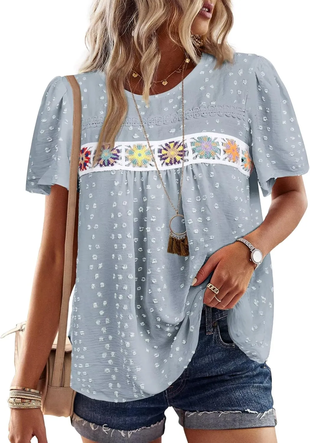 Womens Summer Tops Boho Crewneck Short Sleeve Shirts Floral Crochet Chiffon Blouses Flowy Casual Swiss Dot Clothing