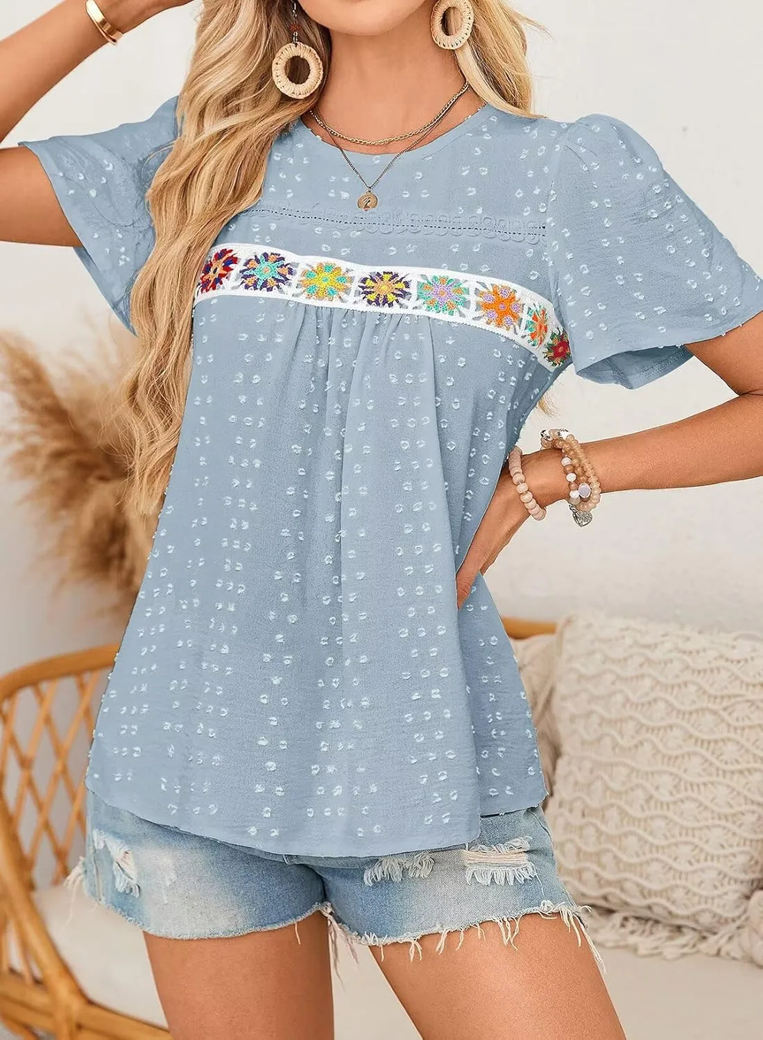 Womens Summer Tops Boho Crewneck Short Sleeve Shirts Floral Crochet Chiffon Blouses Flowy Casual Swiss Dot Clothing