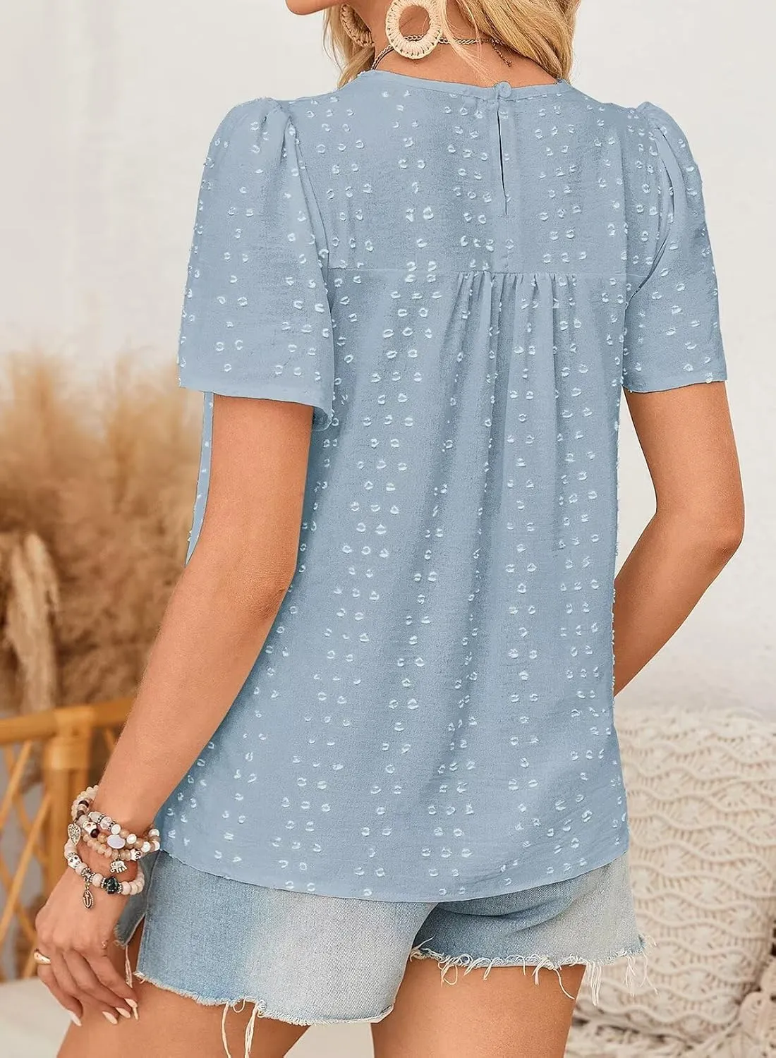 Womens Summer Tops Boho Crewneck Short Sleeve Shirts Floral Crochet Chiffon Blouses Flowy Casual Swiss Dot Clothing