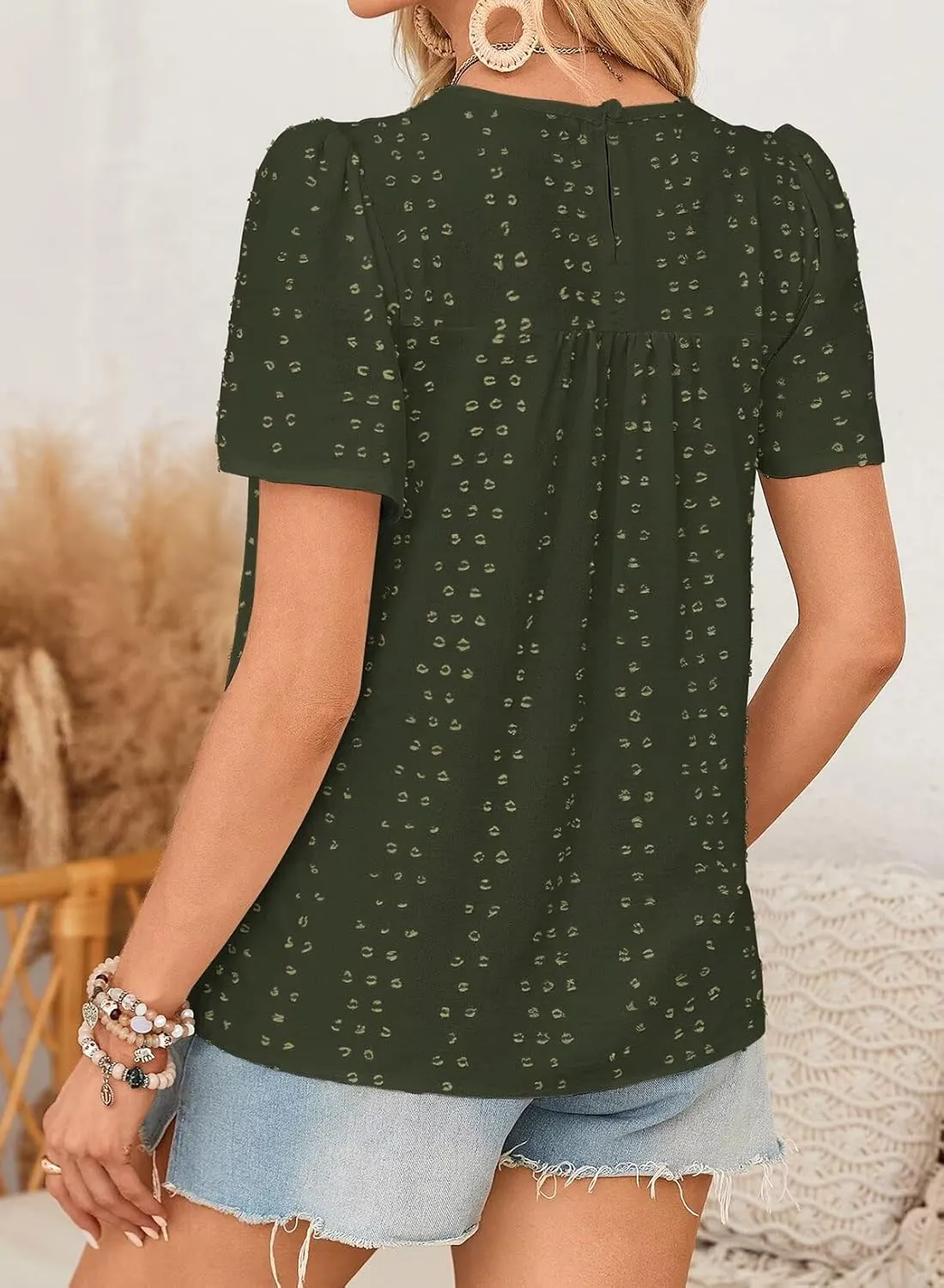 Womens Summer Tops Boho Crewneck Short Sleeve Shirts Floral Crochet Chiffon Blouses Flowy Casual Swiss Dot Clothing