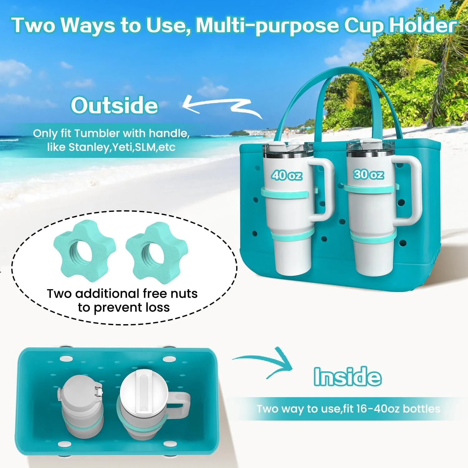 XYFuuee Cup Holder for Stanley 30 oz 40 oz Compatible with Bogg Bag, Drink Holder for Simple Modern Rubber Beach Tote, Water Bottle Holder Attachment for XL Medium Small Bog Bag