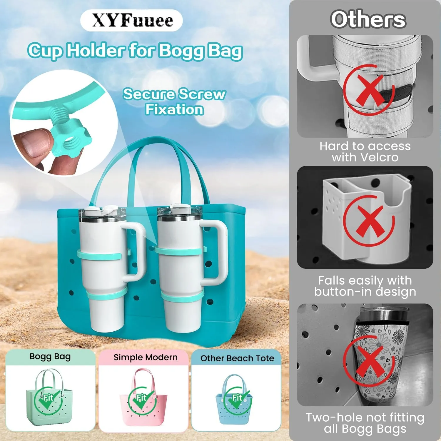 XYFuuee Cup Holder for Stanley 30 oz 40 oz Compatible with Bogg Bag, Drink Holder for Simple Modern Rubber Beach Tote, Water Bottle Holder Attachment for XL Medium Small Bog Bag