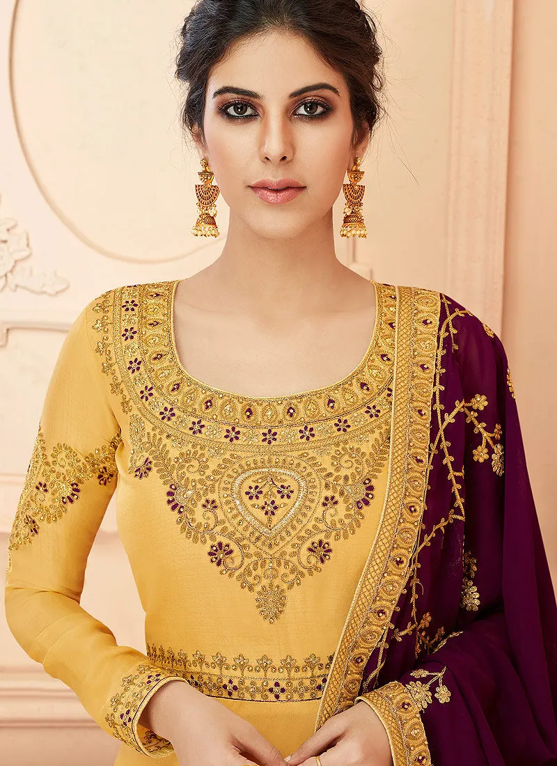 Yellow And Maroon Traditional Anarkali Suit