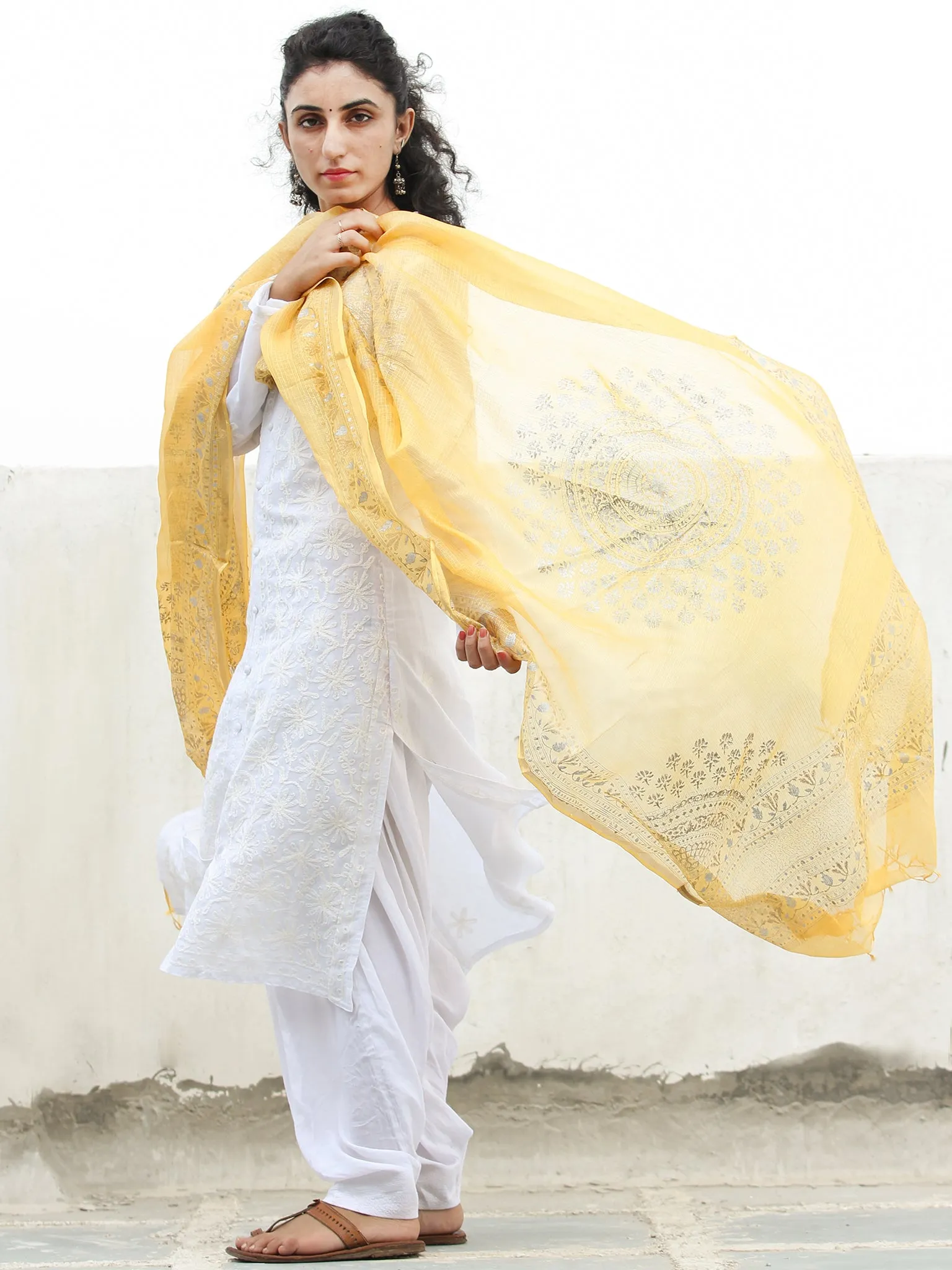 Yellow Silver Kota Silk Hand Block Printed Dupatta - D04170363
